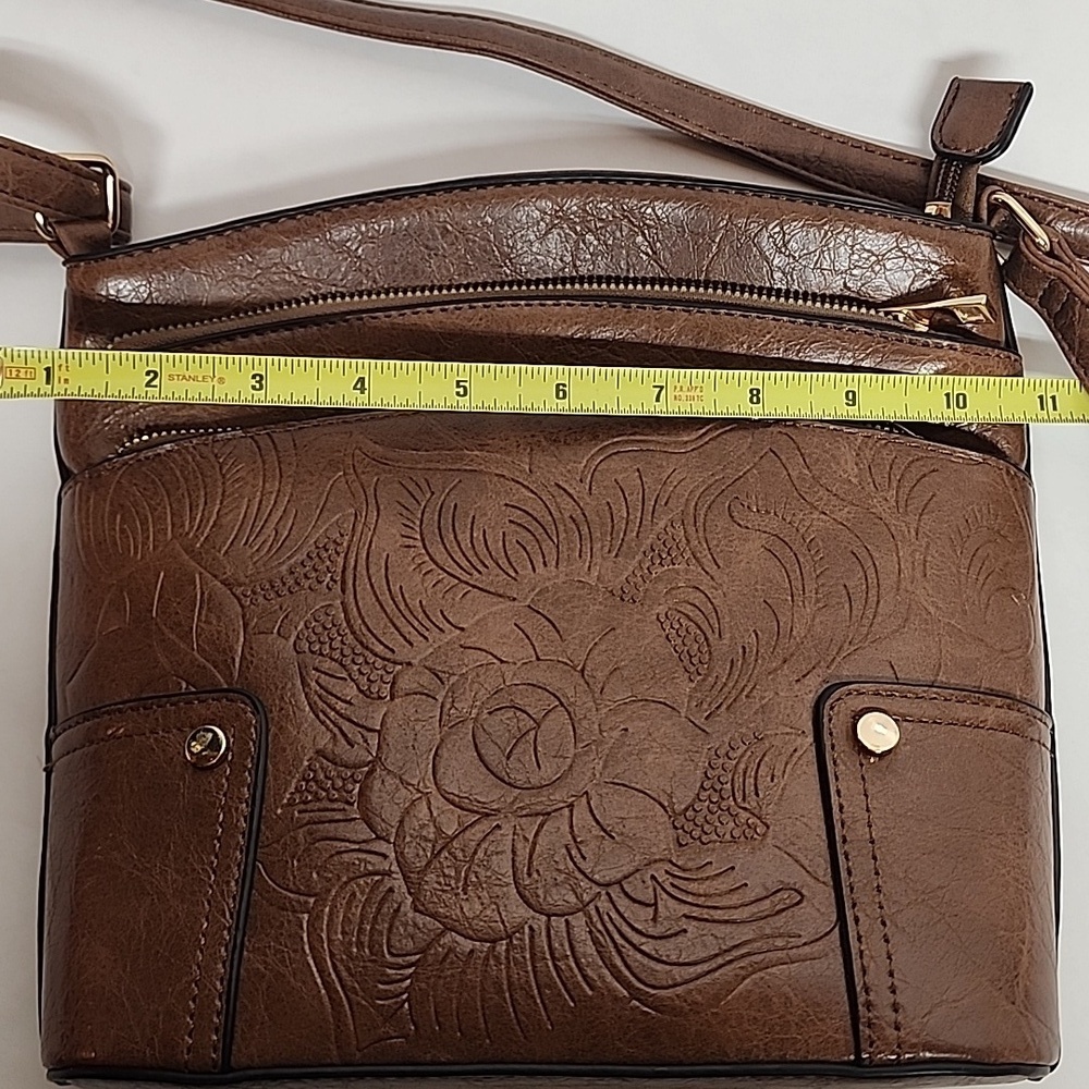 Elegant Brown Embossed Faux Leather Unisex Crossbody SaddleBag - Picture 6 of 9